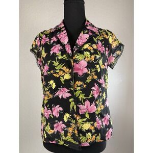 Notations Womens blouse PS Petite Small Black Floral Button Up Top